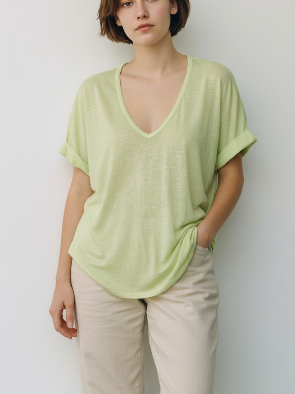 Free People Beach Light Green V-Neck Relaxed Tee - Women's Top